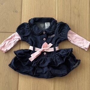 Guess Navy Denim Dress with Pink Sleeves & Bow -6/9months